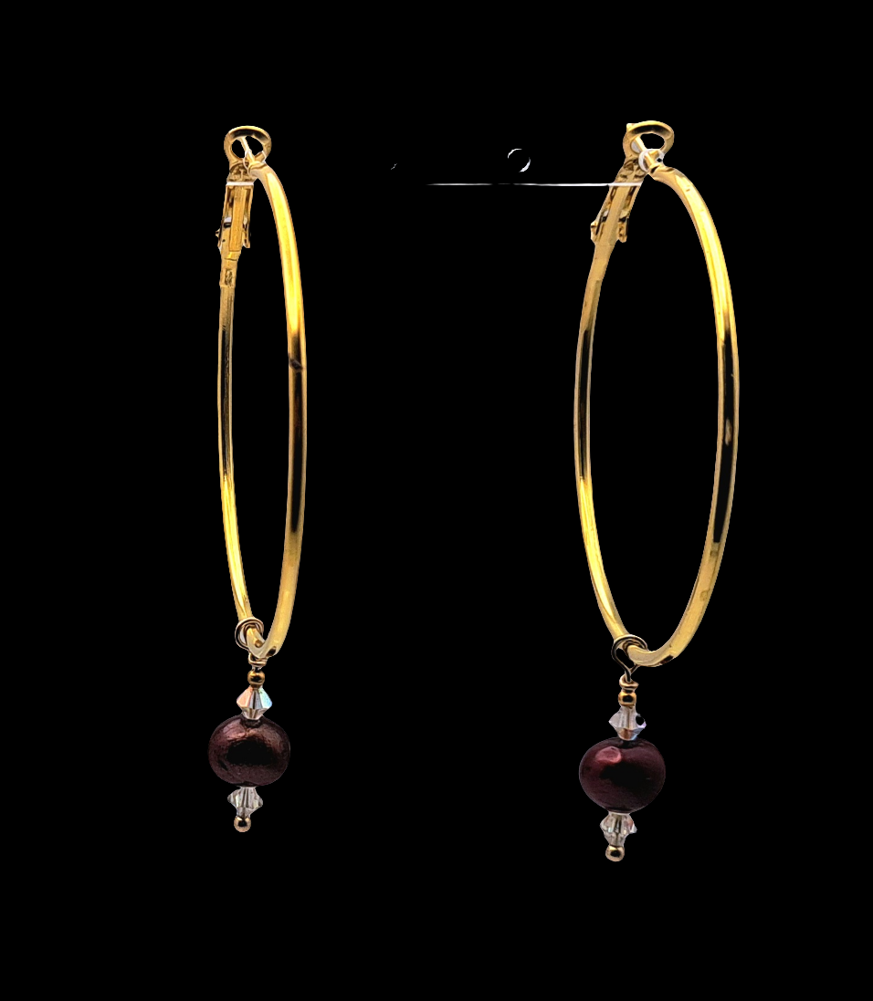2 inch Hoop-Cranberry Pearl and Swarovski Crystal-Gold